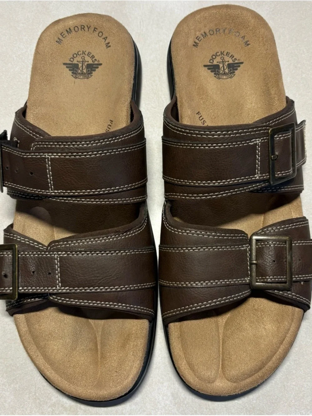 Dockers Brown Two-Strap Buckle Slide Sandals